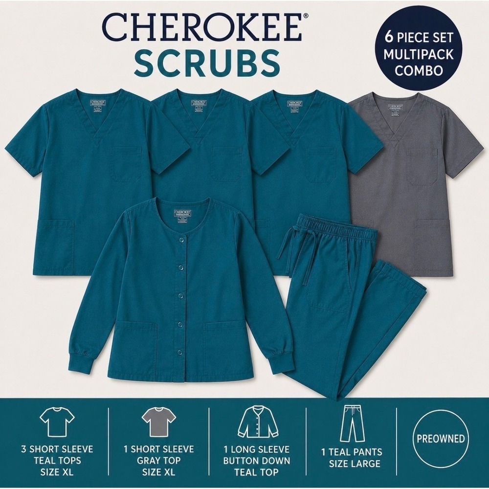 Cherokee Workwear Revolution Scrubs 6 Piece Set Teal Gray XL Tops Large Pants